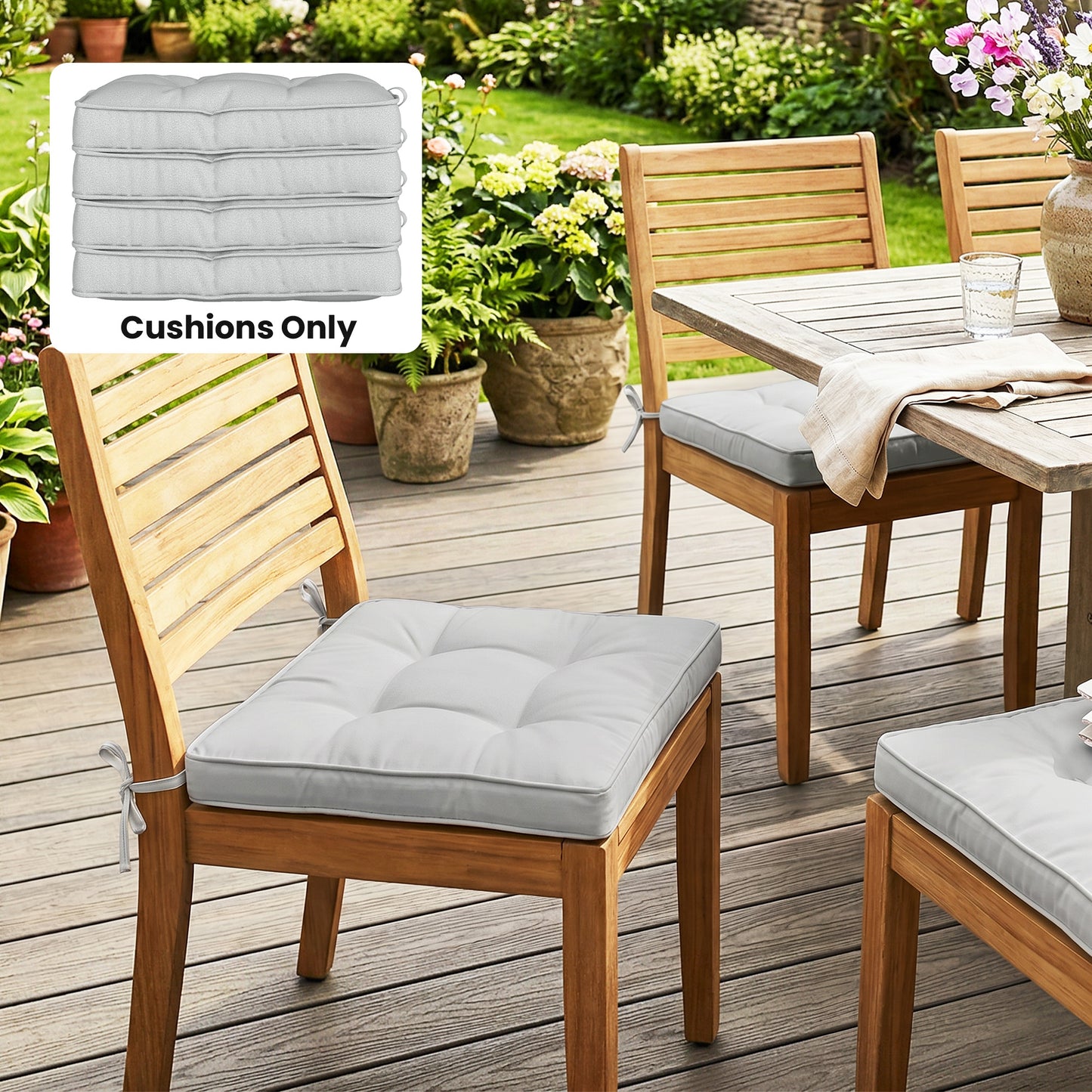 Set of 4 Garden Seat Cushion with Ties, 42 x 42cm Replacement Dining Chair Seat Pad, Light Grey