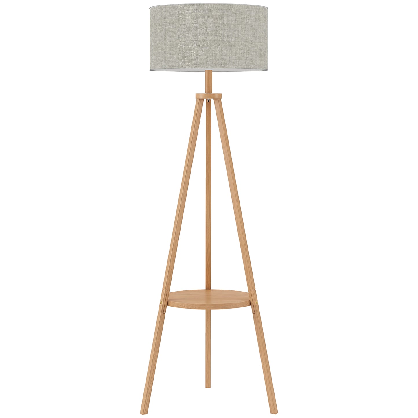 Bedside Light, Tripod Floor Lamp with Storage Shelf and Linen Shade for Living Room, 160cm, Natural Wood Colour