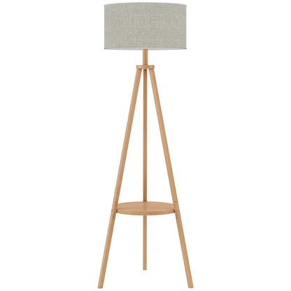 Bedside Light, Tripod Floor Lamp with Storage Shelf and Linen Shade for Living Room, 160cm, Natural Wood Colour