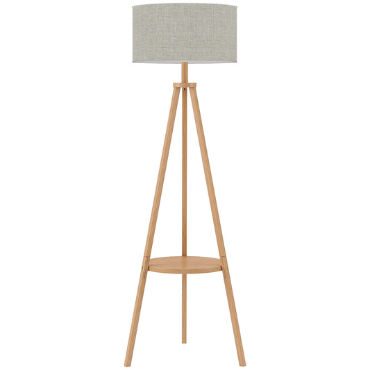 Bedside Light, Tripod Floor Lamp with Storage Shelf and Linen Shade for Living Room, 160cm, Natural Wood Colour