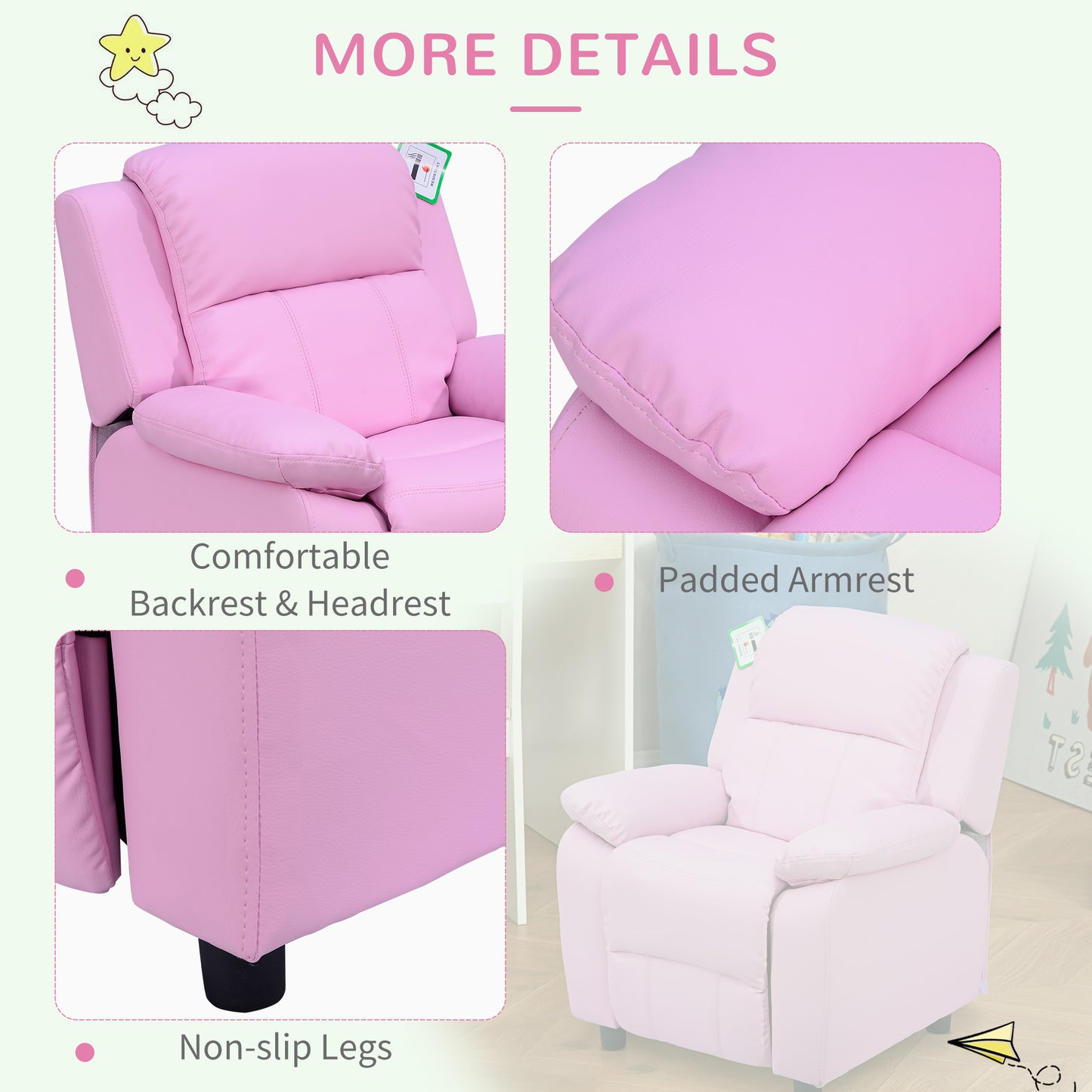Kids Sofa Armchair Toddler Recliner Children's Chair Lounger Games Chair PU Leather w/ Storage (Pink)