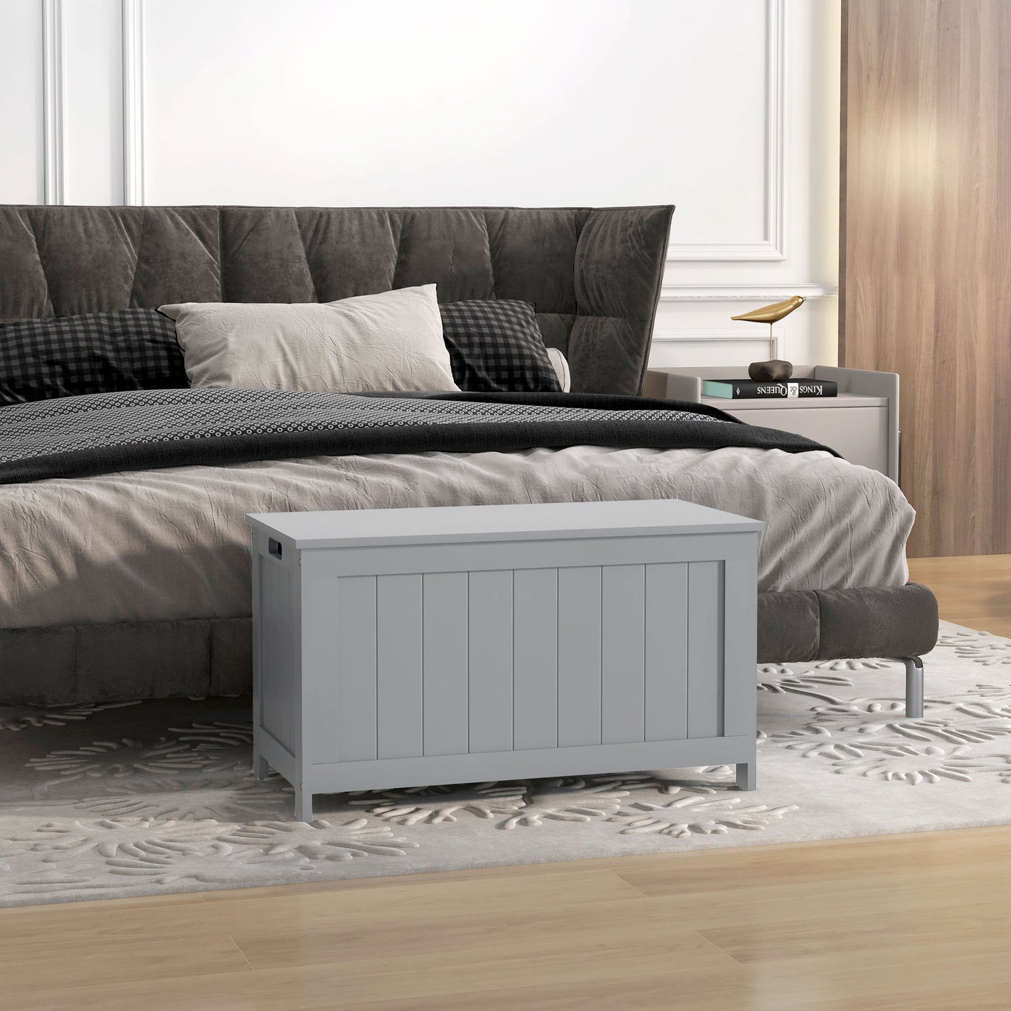 Storage Chest, Modern Storage Trunk with 2 Safety Hinges and Cut-out Handles, Wooden Toy Box for Living Room, Entryway