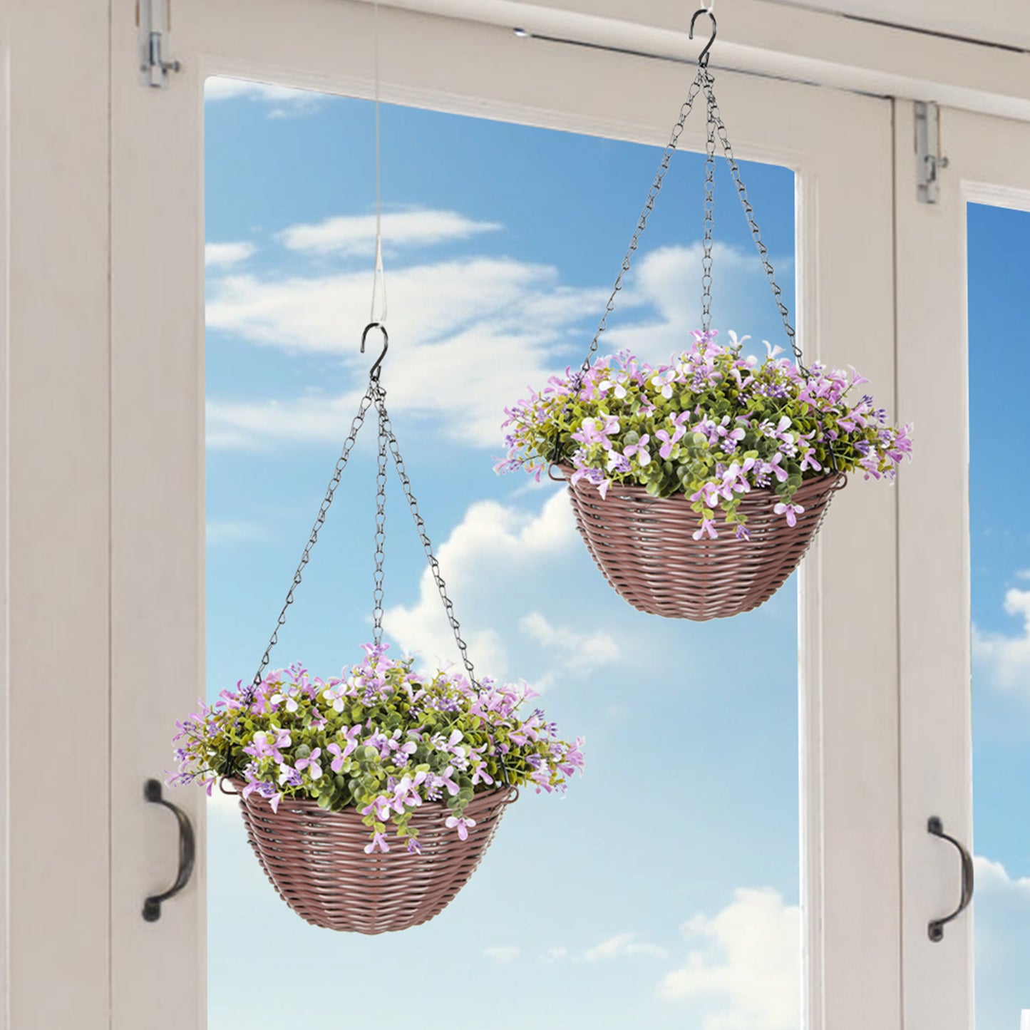 Artificial Flowers in Basket Set of 2, Artificial Hanging Baskets with 75 Leaves and 15 Flowers in Pot
