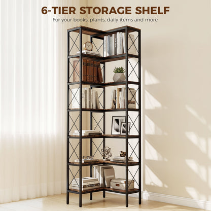 6-Tier L-Shaped Bookshelf, Freestanding Corner Bookcase with Metal Frame, Rustic Brown