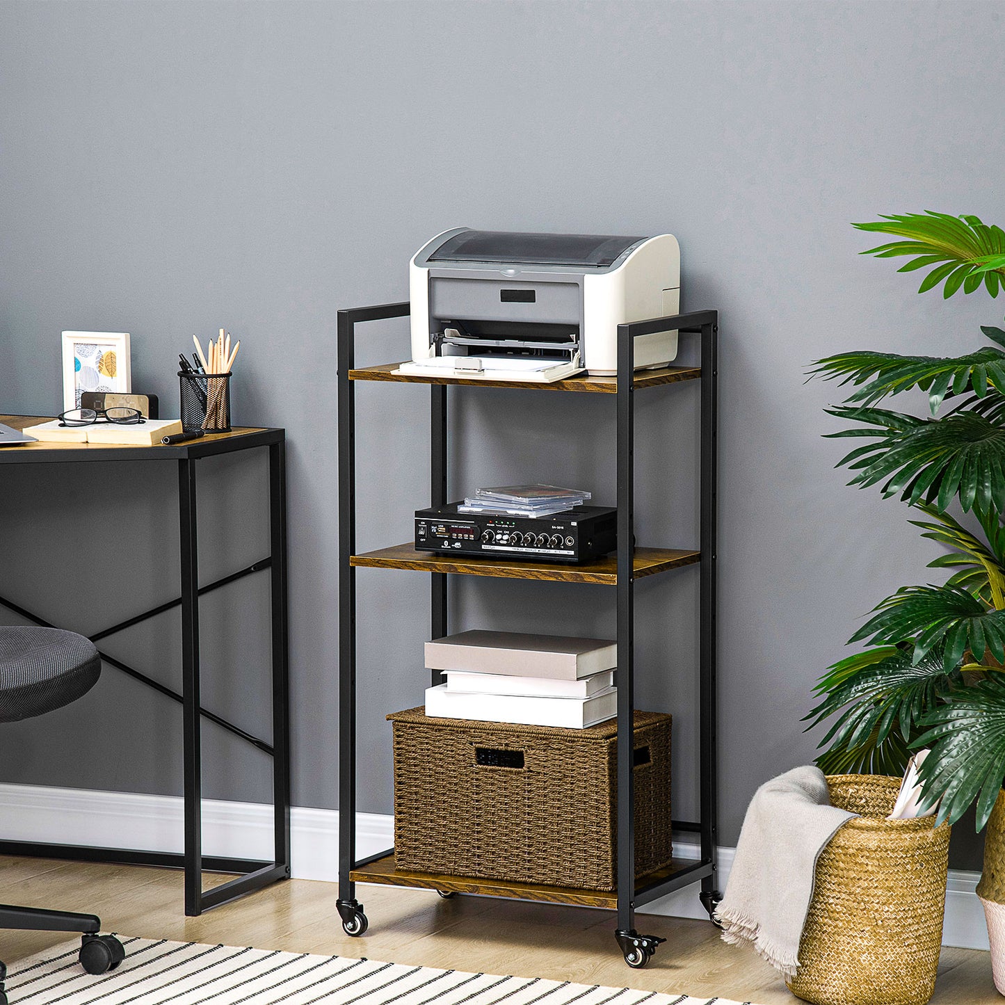 3-Tier Printer Stand, Utility Cart, Rolling Trolley with Adjustable Shelves with Lockable Wheels for Home Office