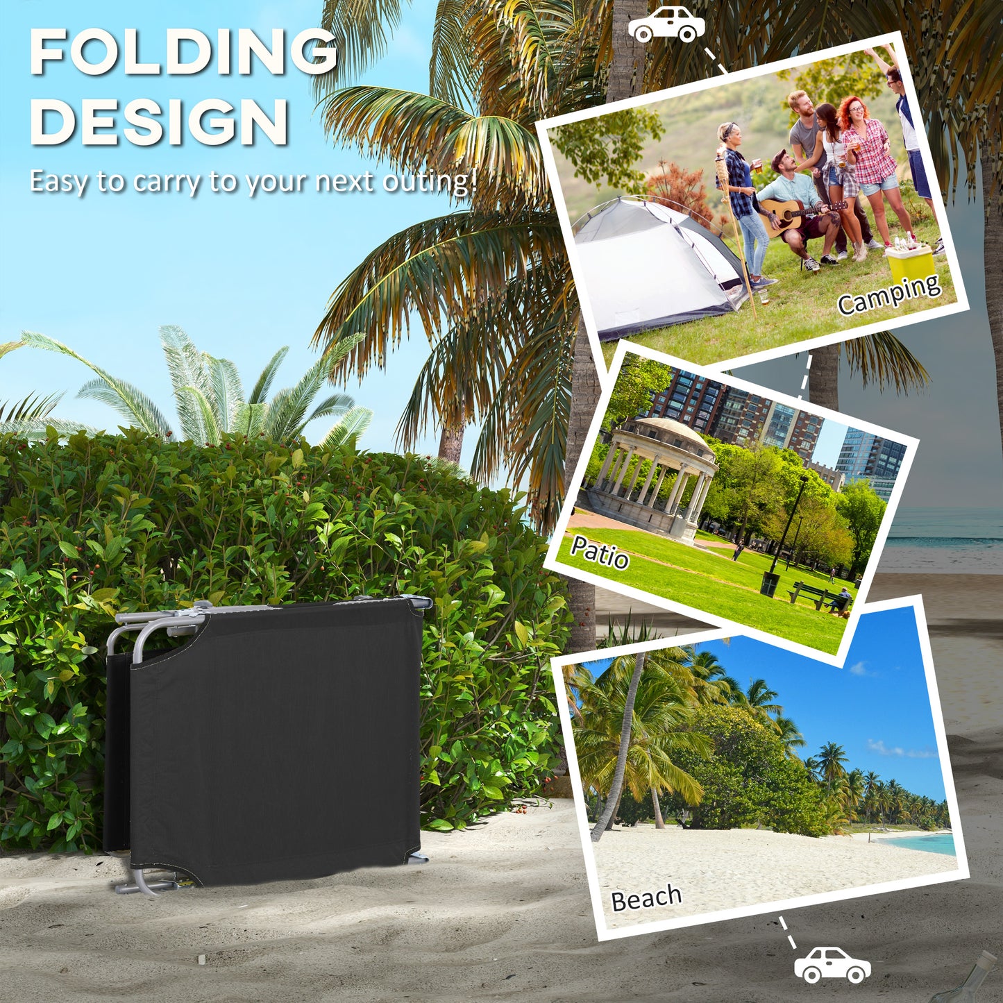 Foldable Sun Lounger Set of 2 with Sun Shade & Adjustable Backrest - Black