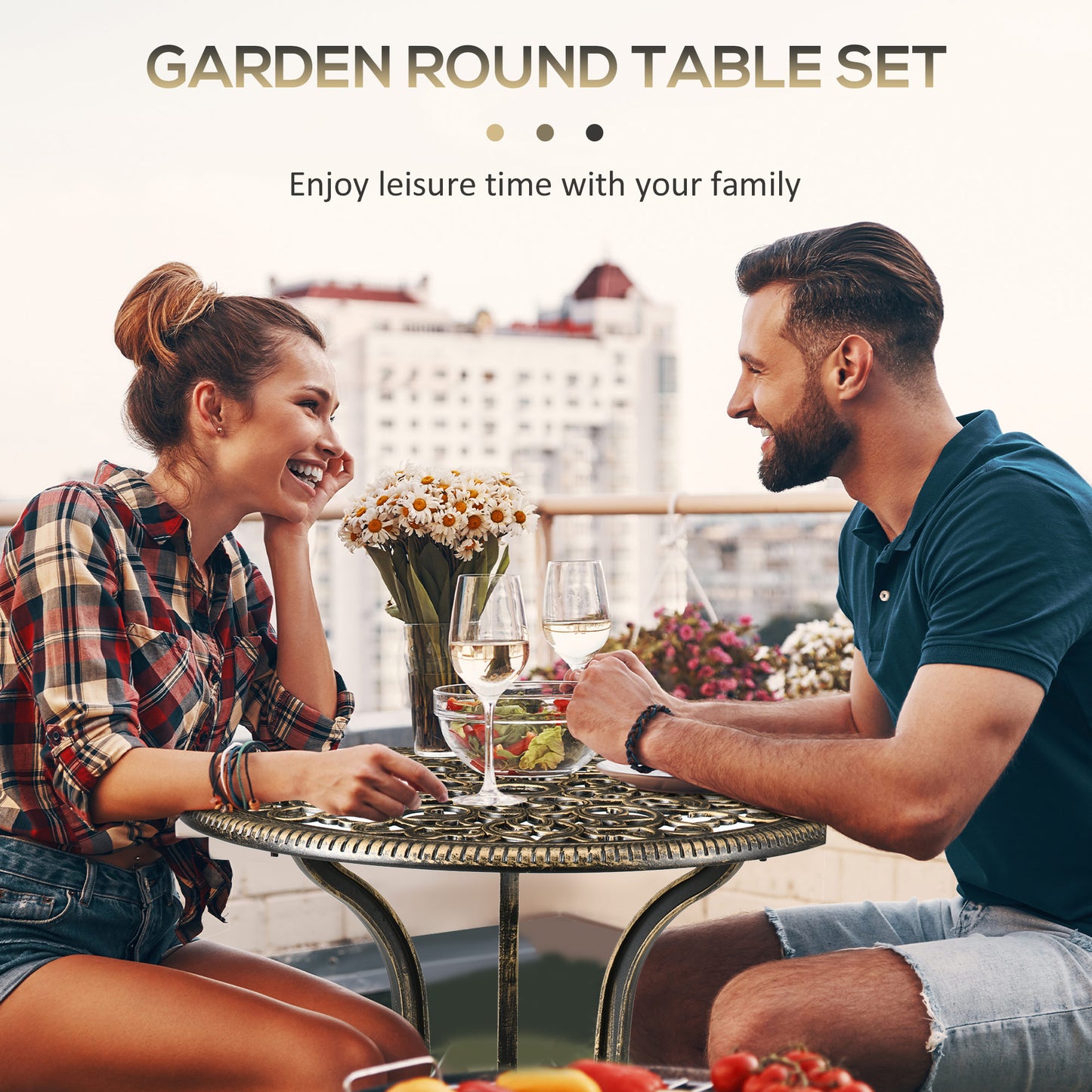 3 Piece Cast Aluminium Garden Bistro Set for 2 with Parasol Hole, Outdoor Coffee Table Set