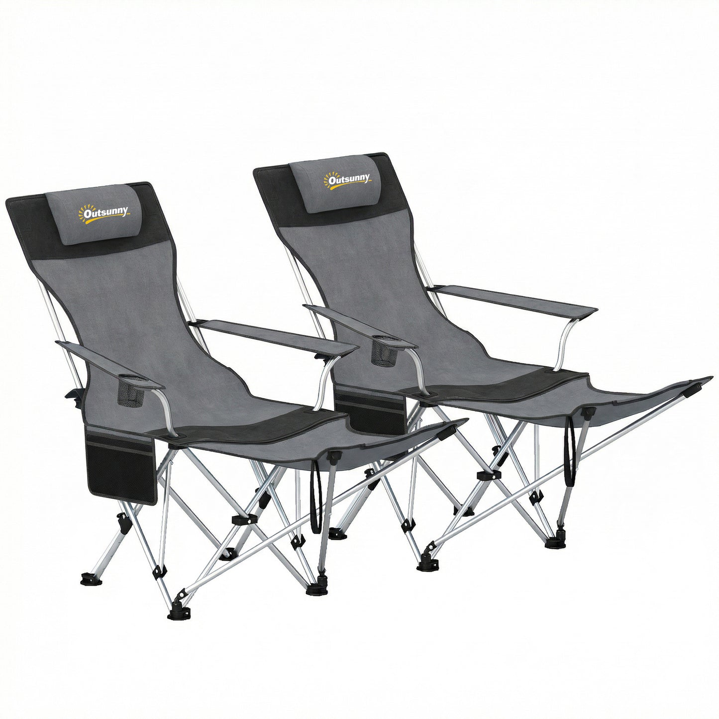 Set of 2 Reclining Folding Camping Chair w/ Detachable Footrest, Storage Bag, Cup Holder & Headrest