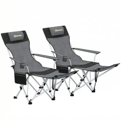 Set of 2 Reclining Folding Camping Chair w/ Detachable Footrest, Storage Bag, Cup Holder & Headrest