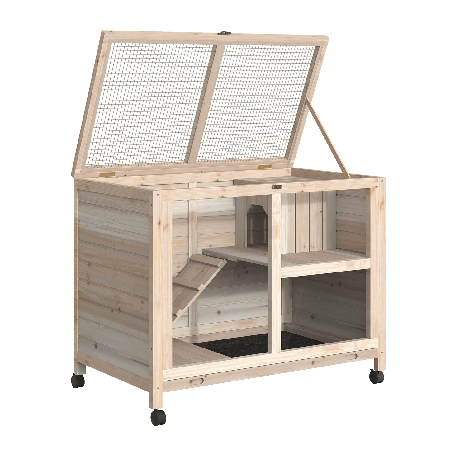 Rabbit Hutch Indoor with Wheels, Wooden Guinea Pig House Hamster Cage, 2 Layers Bunny Cage with Openable Roof