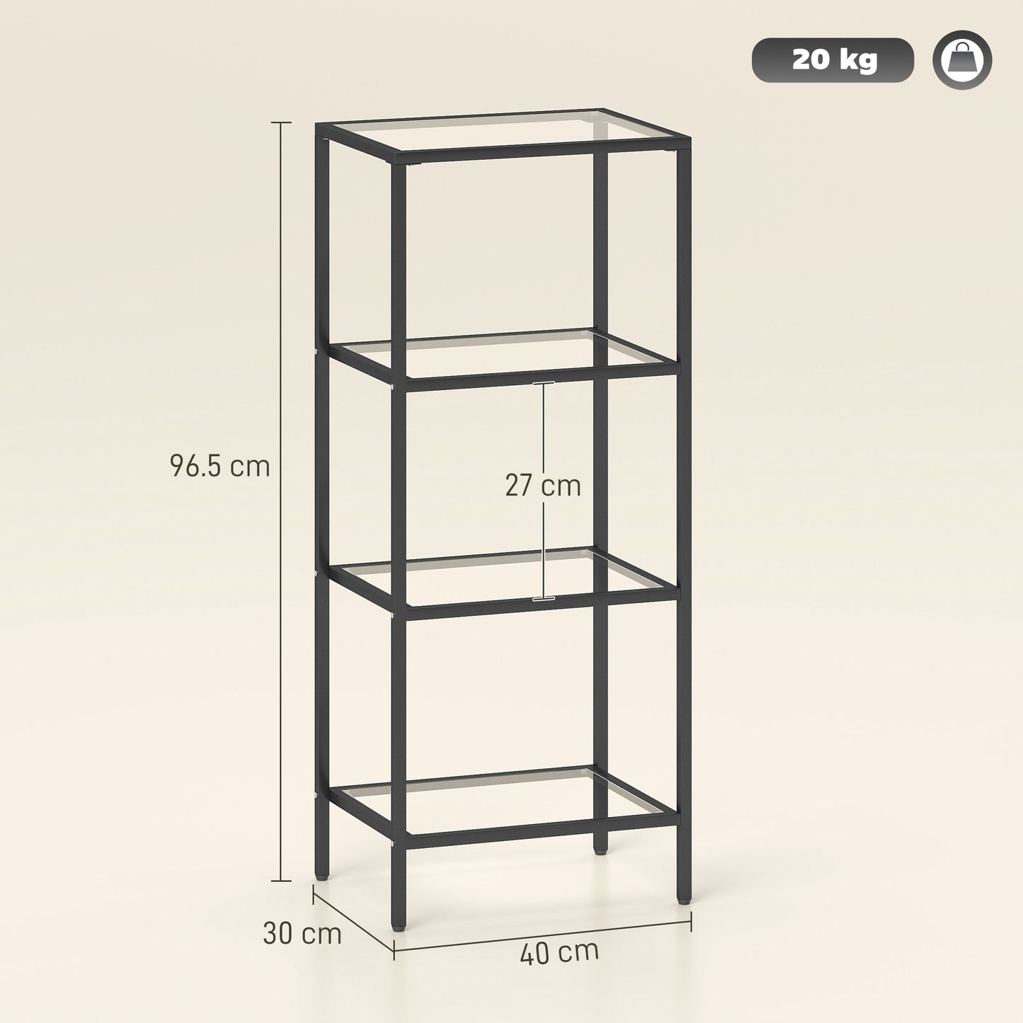 4-Tier Shelving Unit, Glass Shelf, Vertical Storage Shelf for Living Room, Home Office, Bedroom, Bathroom, Black