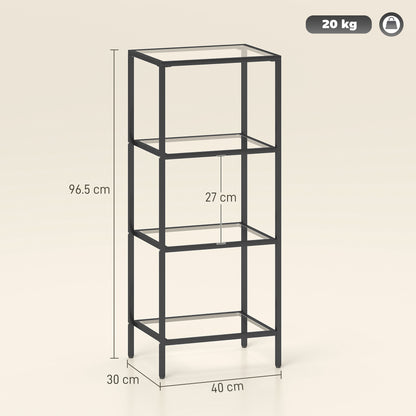 4-Tier Shelving Unit, Glass Shelf, Vertical Storage Shelf for Living Room, Home Office, Bedroom, Bathroom, Black