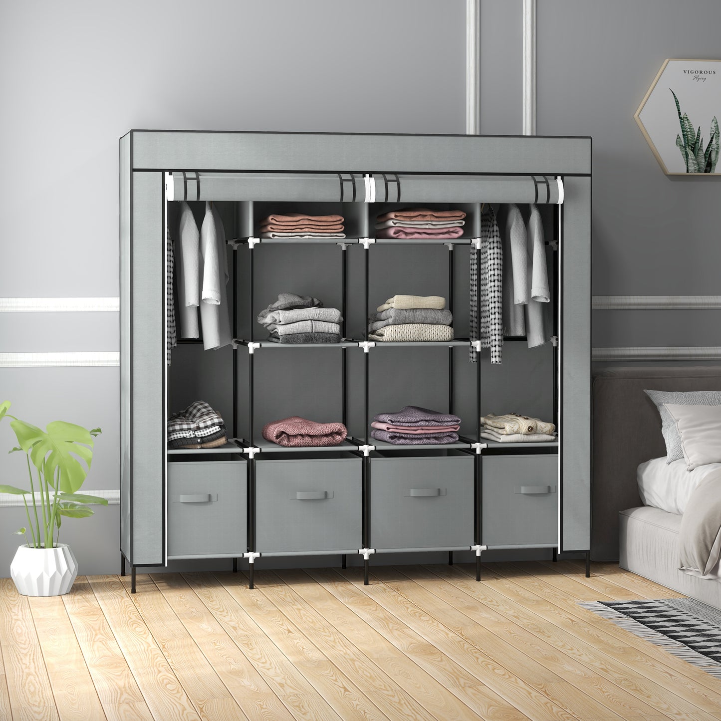 Fabric Wardrobe for Bedroom, Portable Cloth Wardrobe with 10 Compartments, 2 Hanging Rails and 4 Fabric Drawers