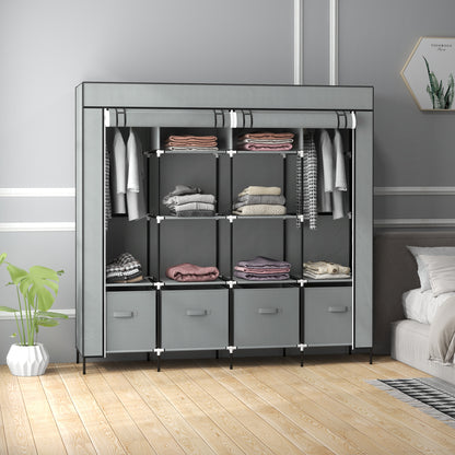 Fabric Wardrobe for Bedroom, Portable Cloth Wardrobe with 10 Compartments, 2 Hanging Rails and 4 Fabric Drawers