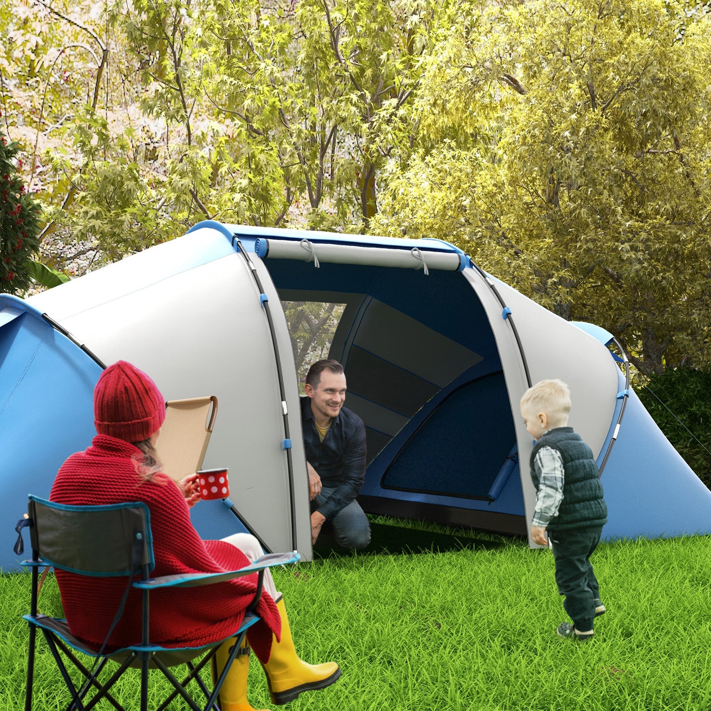 4 Man Camping Tent, UV Protection Tunnel Tent with 2 Bedrooms and Living Area, Large Hiking Sun Shelter, 430 x 240 x 170 cm