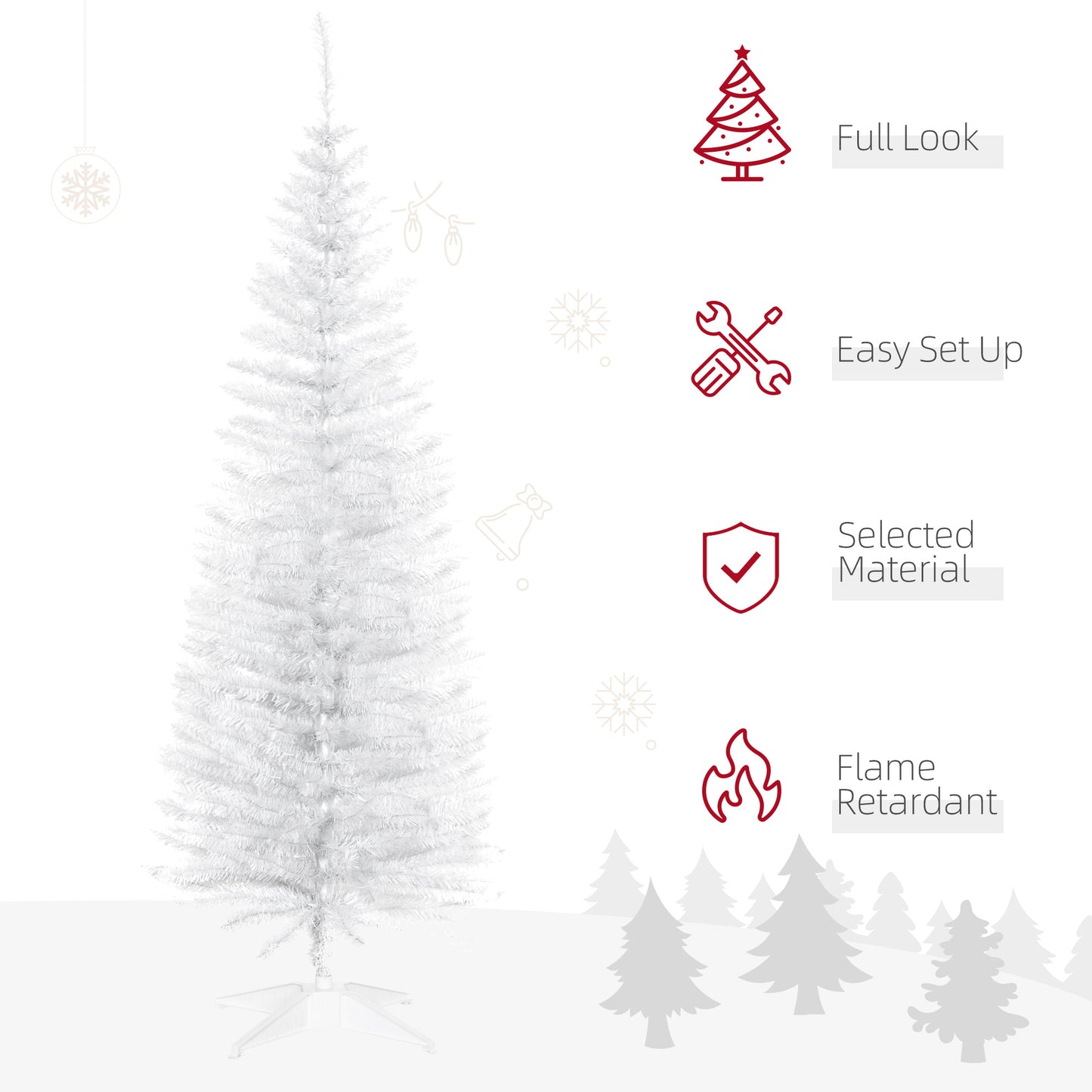 5ft Unlit Artificial Christmas Tree, Pencil Slim Xmas Tree with Solid Stand and Realistic Branches, White