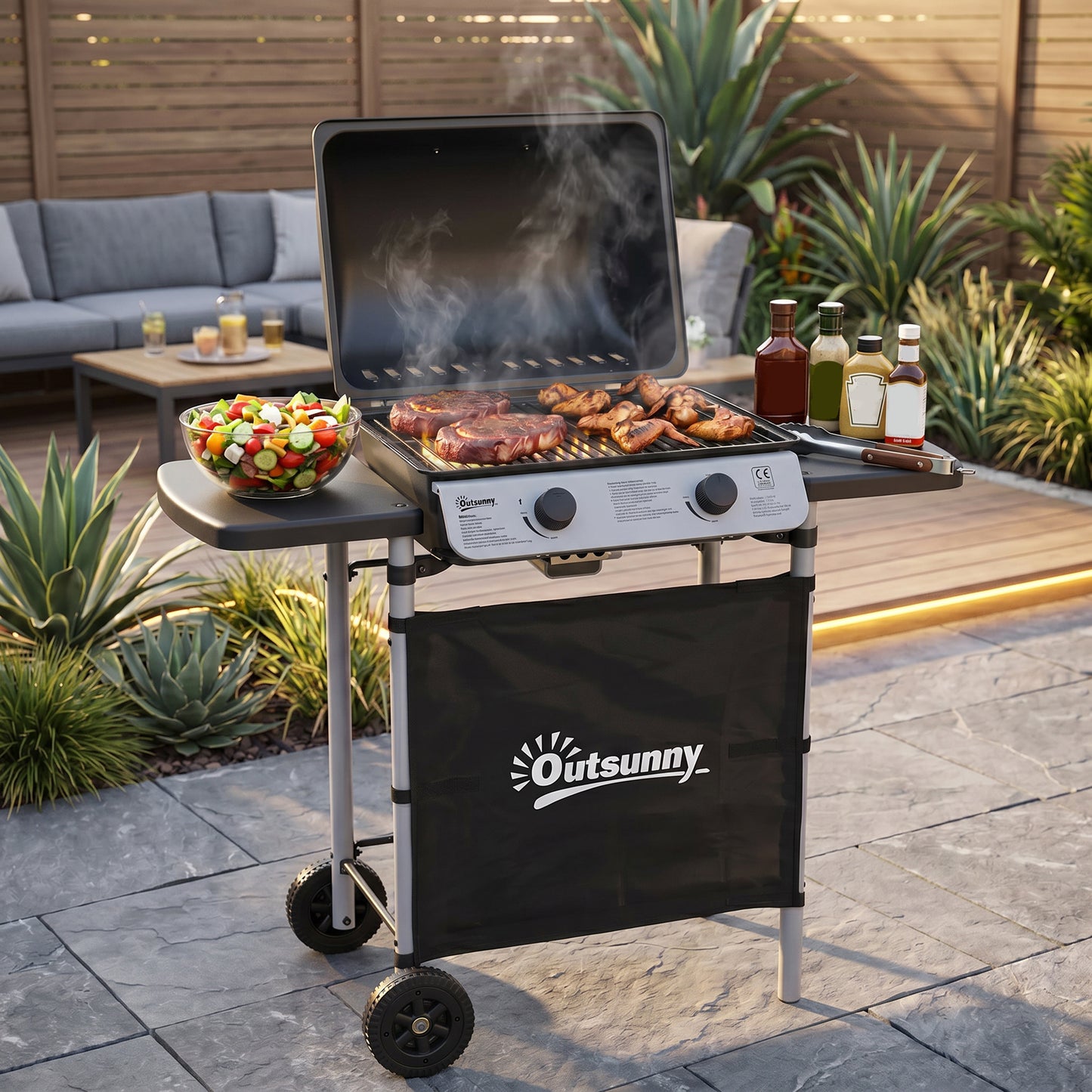 2 Burner Gas BBQ Trolley with Lid, 5.6 kW Gas Barbecue Grill with Wheels