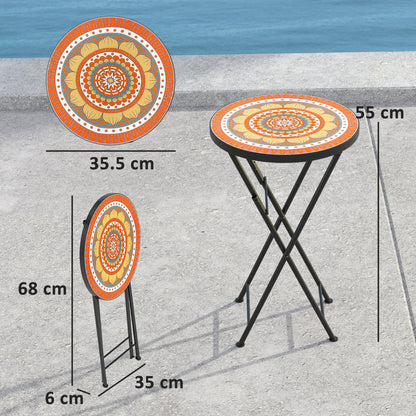 Mosaic Outdoor Garden Table, 35.5cm Round Folding Coffee Table with Metal Frame for Balcony Terrace, Orange
