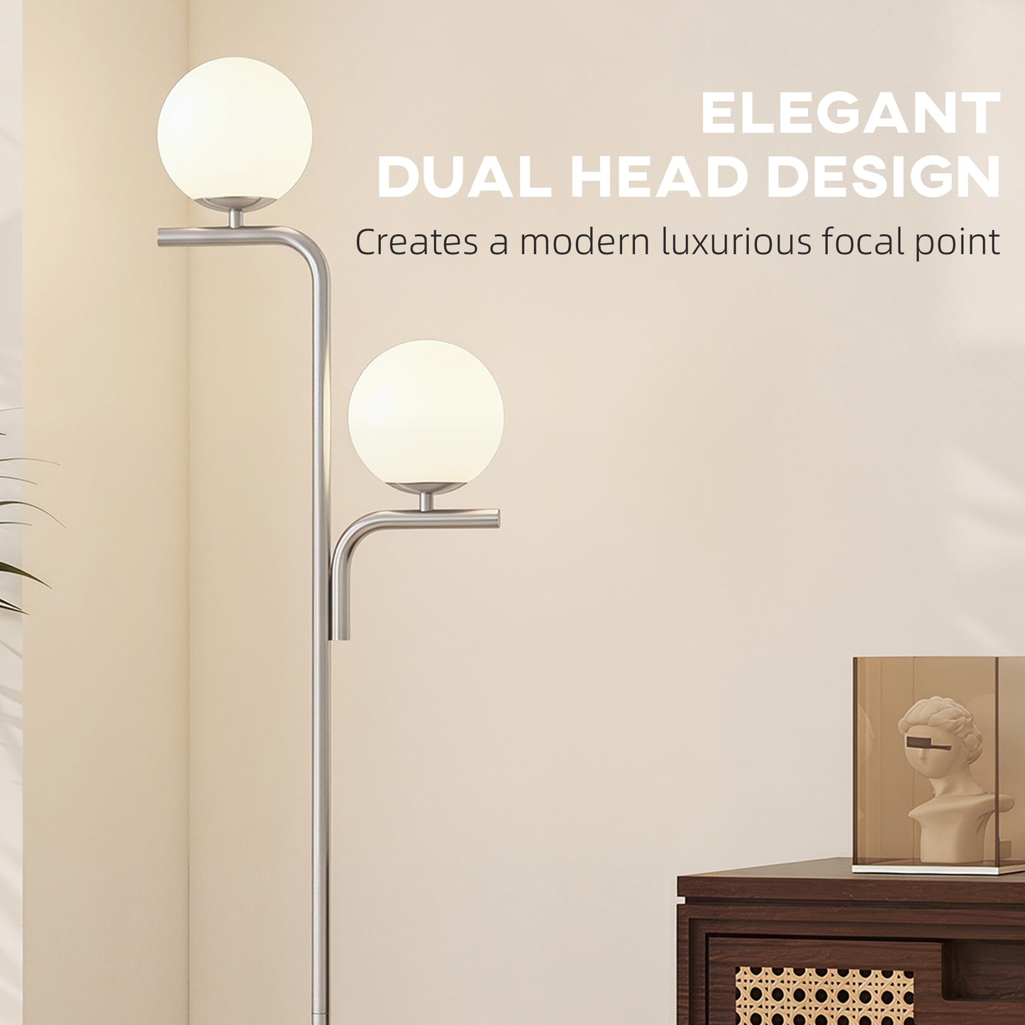 LED Floor Lamp, Modern Standing Lamp with 3 Colour Temperatures, Globe Glass Shades and Foot Switch, Silver Tone