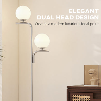 LED Floor Lamp, Modern Standing Lamp with 3 Colour Temperatures, Globe Glass Shades and Foot Switch, Silver Tone