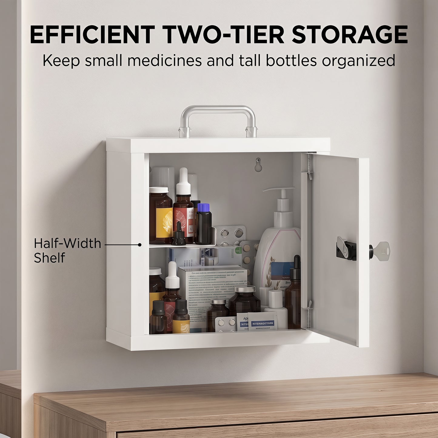 Wall Mount Medicine Cabinet with Combination and Key Lock, 2 Tier Stainless Steel First Aid Cabinet, White