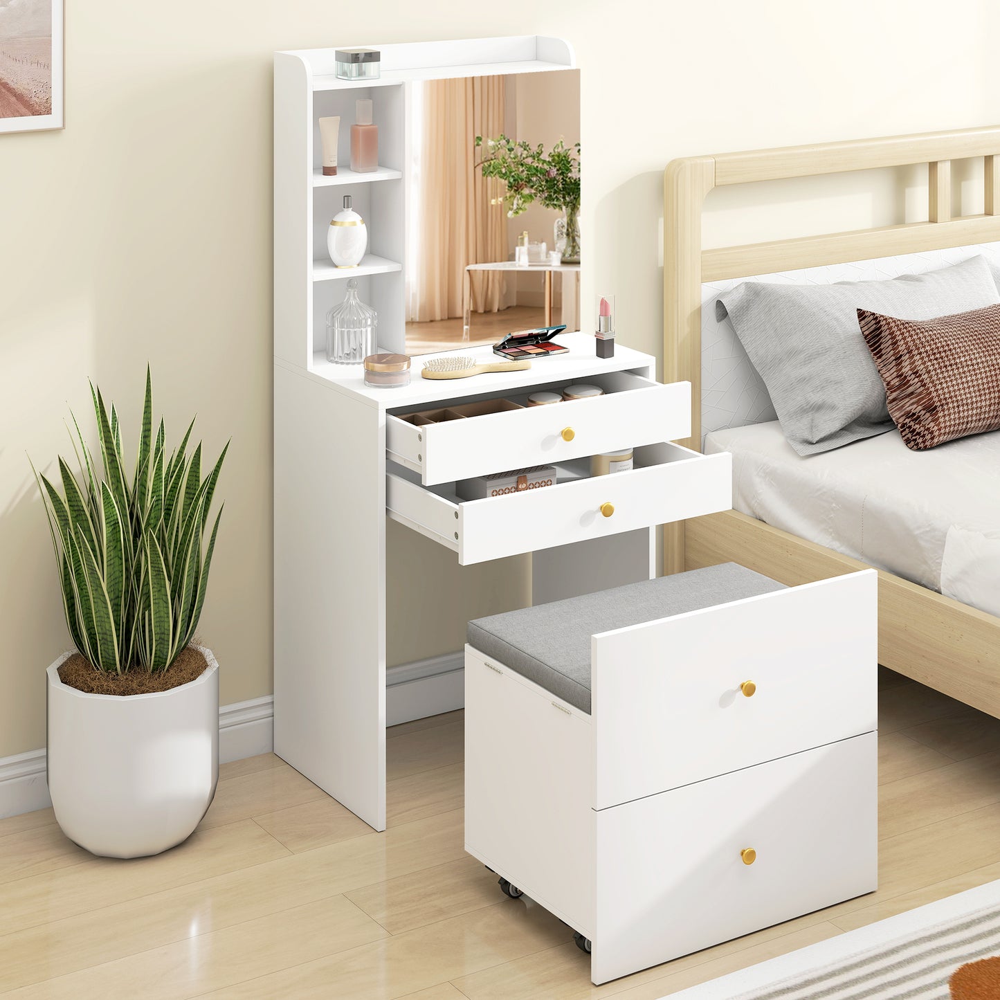 Dressing Table with Mirror and Mobile Storage Stool, Compact Vanity Table with Cabinet, Drawers, Open Shelves, White