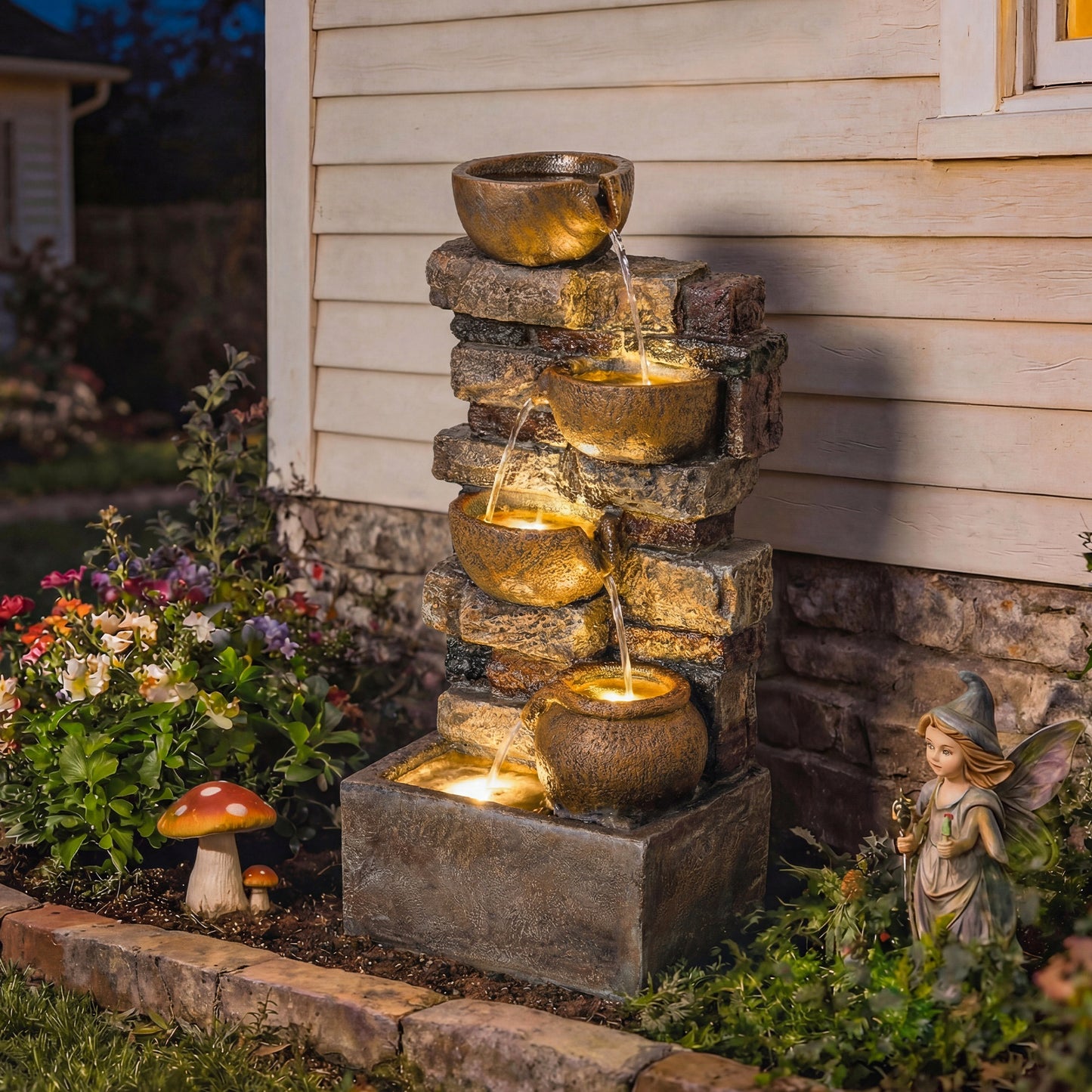 28" 5-Tier Outdoor Fountain, Cascading Waterfall Feature with LED Lights, Adjustable Flow, Rustic Brown