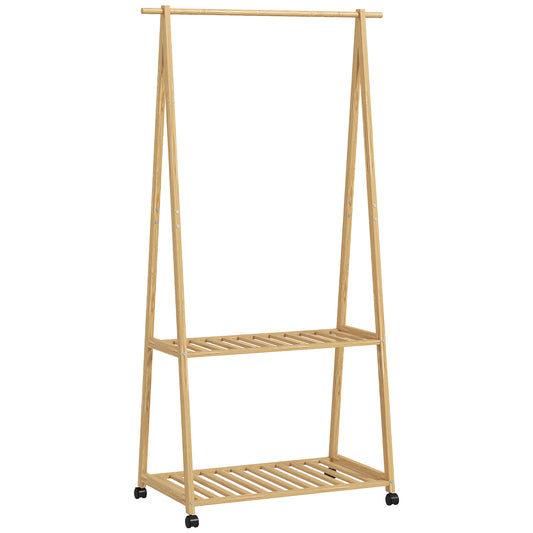 Bamboo Clothes Rack, with Shelves and Hooks - Natural Finish