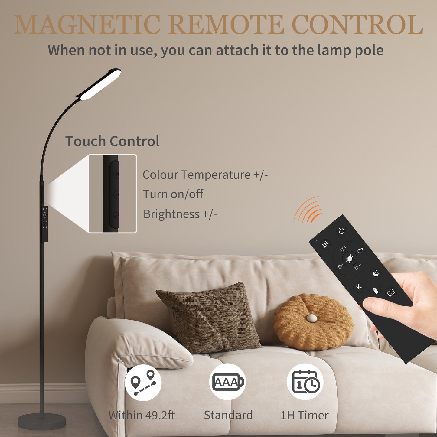 LED Floor Lamp, Standing Lamp with Remote & Touch Control, Stepless Dimmable Colours Temperature & Brightness