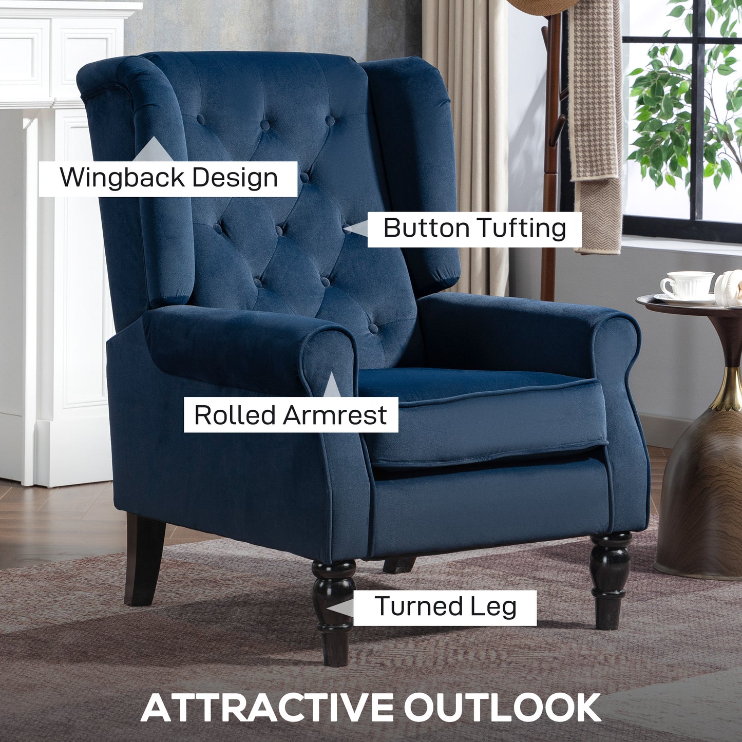 Wingback Accent Chair, Retro Upholstered Button Tufted Occasional Chair for Living Room and Bedroom, Dark Blue