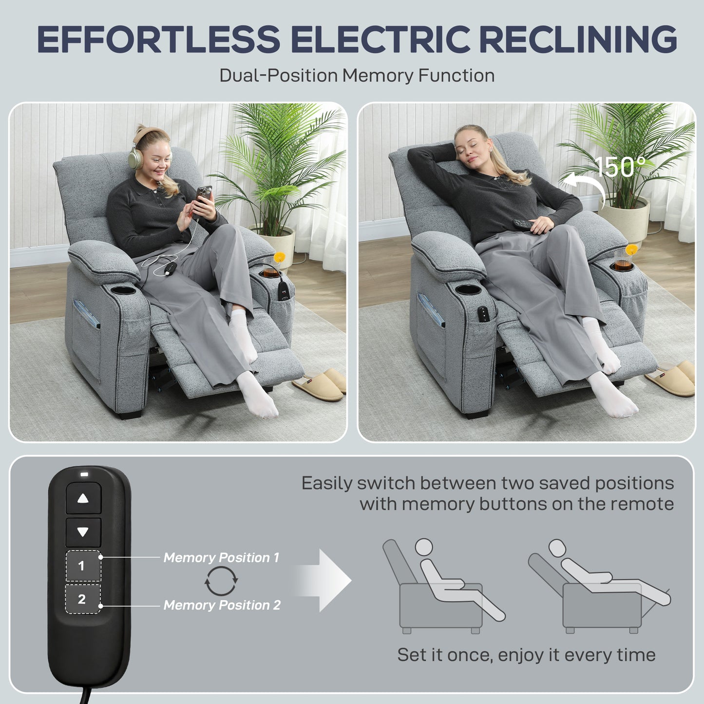 Electric Massage Recliner Armchair with Vibration, Heat, Whisper-Quiet Motor, Memory Function