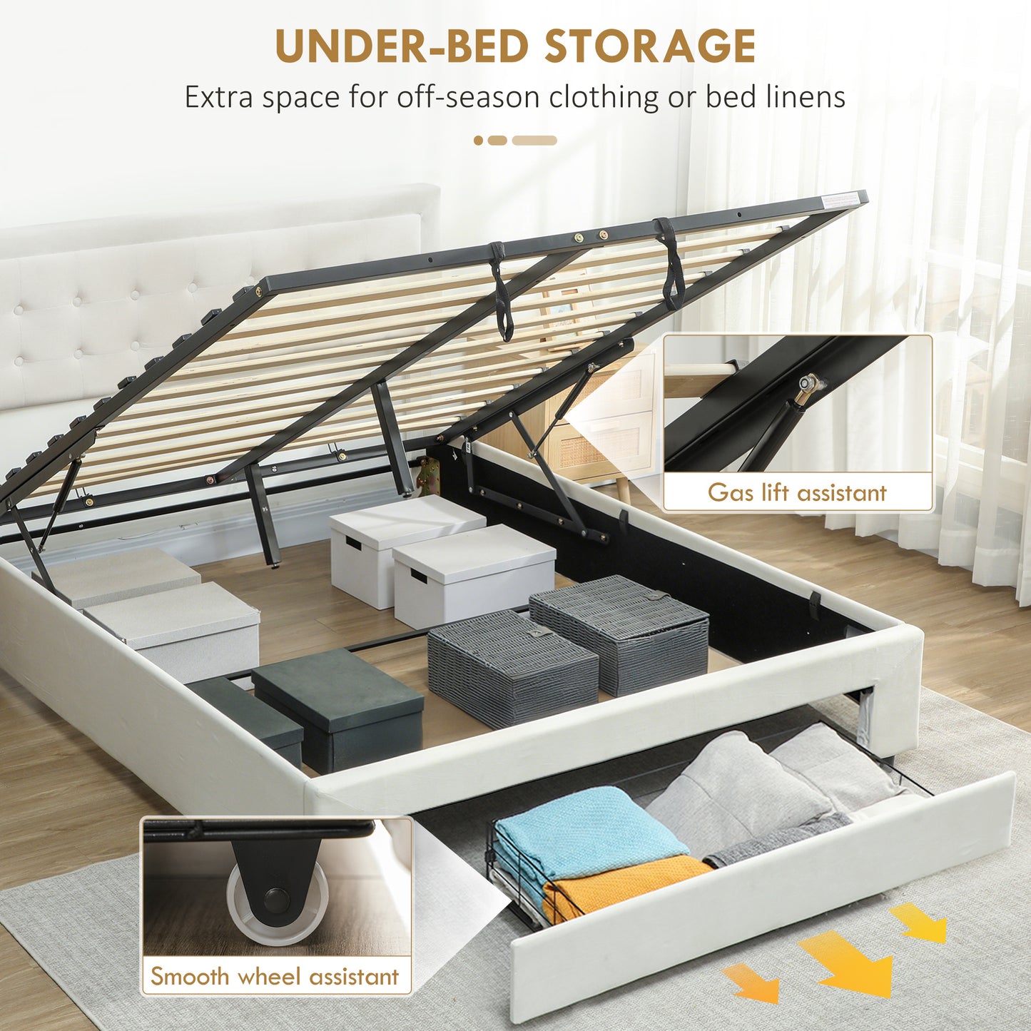 4ft6 Double Ottoman Bed Frame, with Front Drawer - Cream