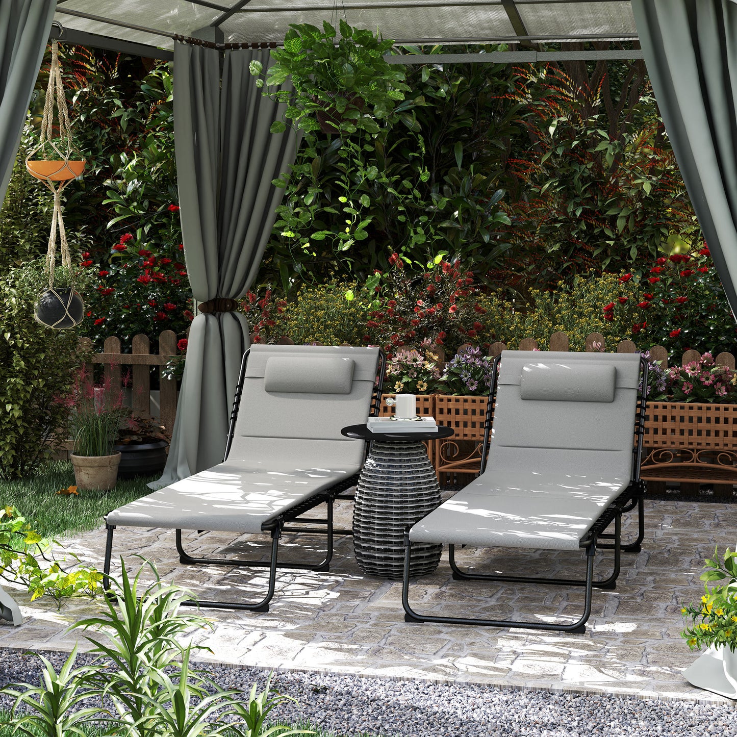 Set of Two Reclining Sun Loungers - Light Grey