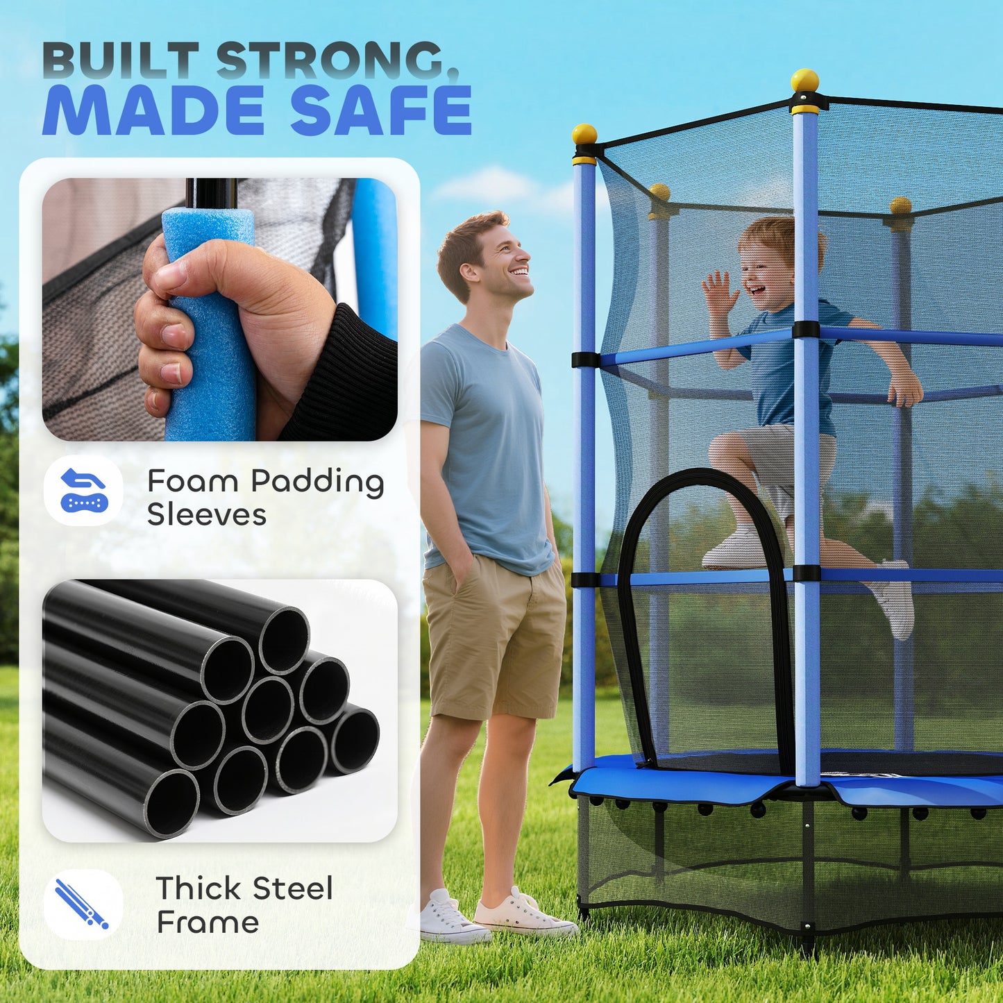 4.6FT/55" Kids Trampoline with Enclosure Net, Outdoor Indoor Use, for Ages 3-10 Years, Blue