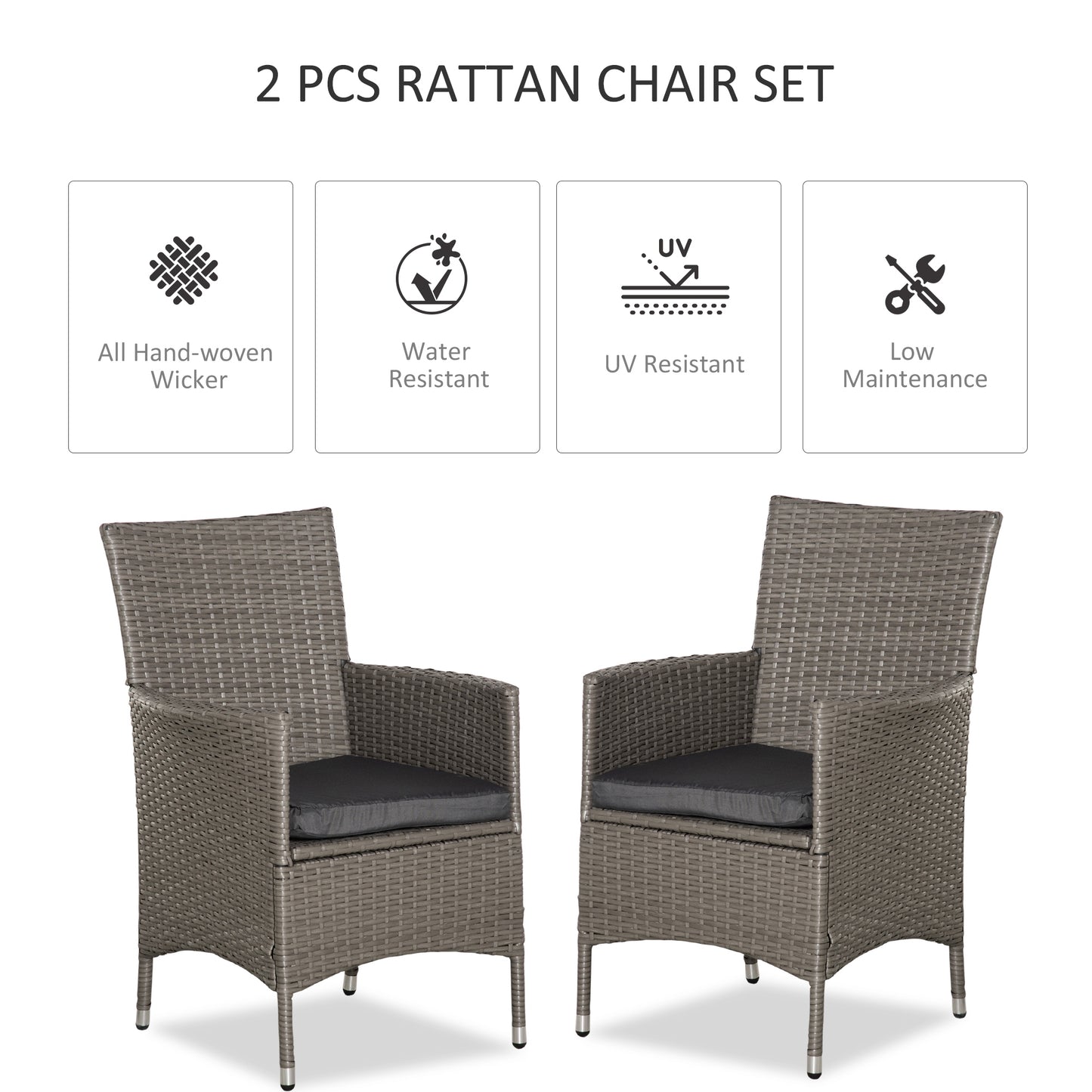 2 Pieces Outdoor PE Rattan Dining Chairs Set with Cushion, Garden Armchair with Armrests, High Backrest