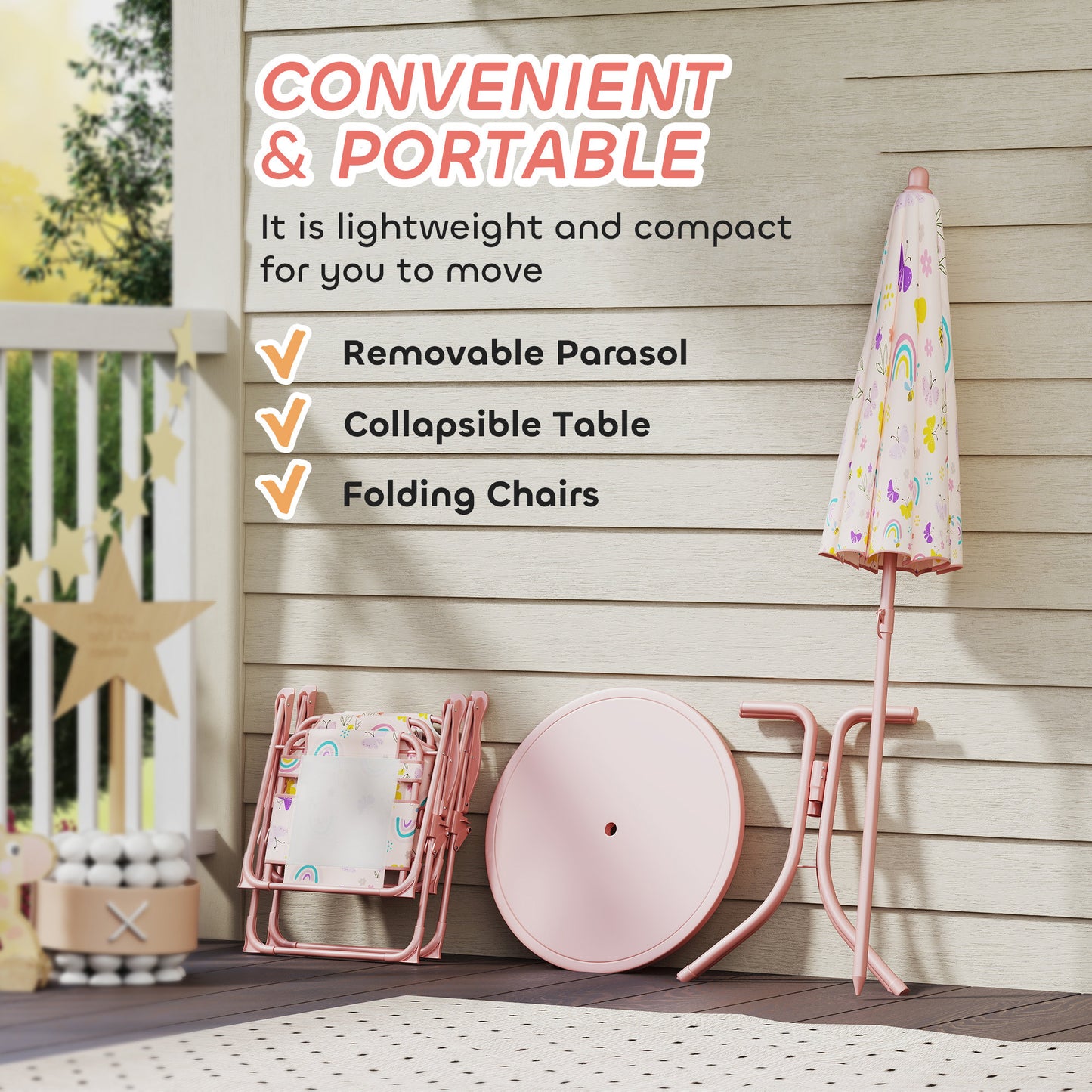 4-Piece Kids Garden Table and Chair Set with Adjustable Parasol, Folding Chairs, Table, Rainbow Pattern, Pink