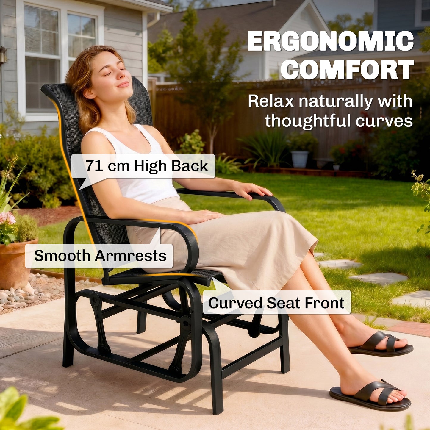 Outdoor Gliding Rocking Chair with Sturdy Metal Frame Garden Comfortable Swing Chair, Black