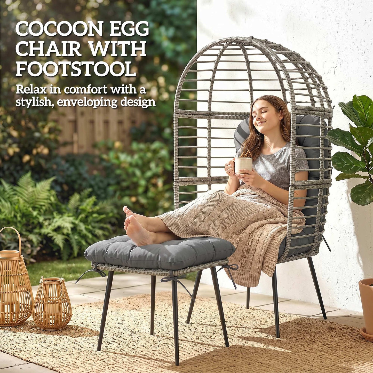 Garden Egg Chair with Footstool, Rattan Indoor Outdoor Lounge Chair and Ottoman Set with Thick Cushions, Light Grey