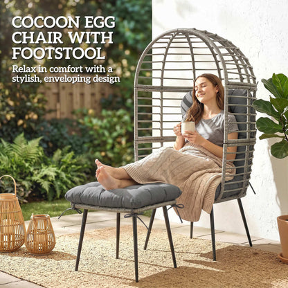 Garden Egg Chair with Footstool, Rattan Indoor Outdoor Lounge Chair and Ottoman Set with Thick Cushions, Light Grey