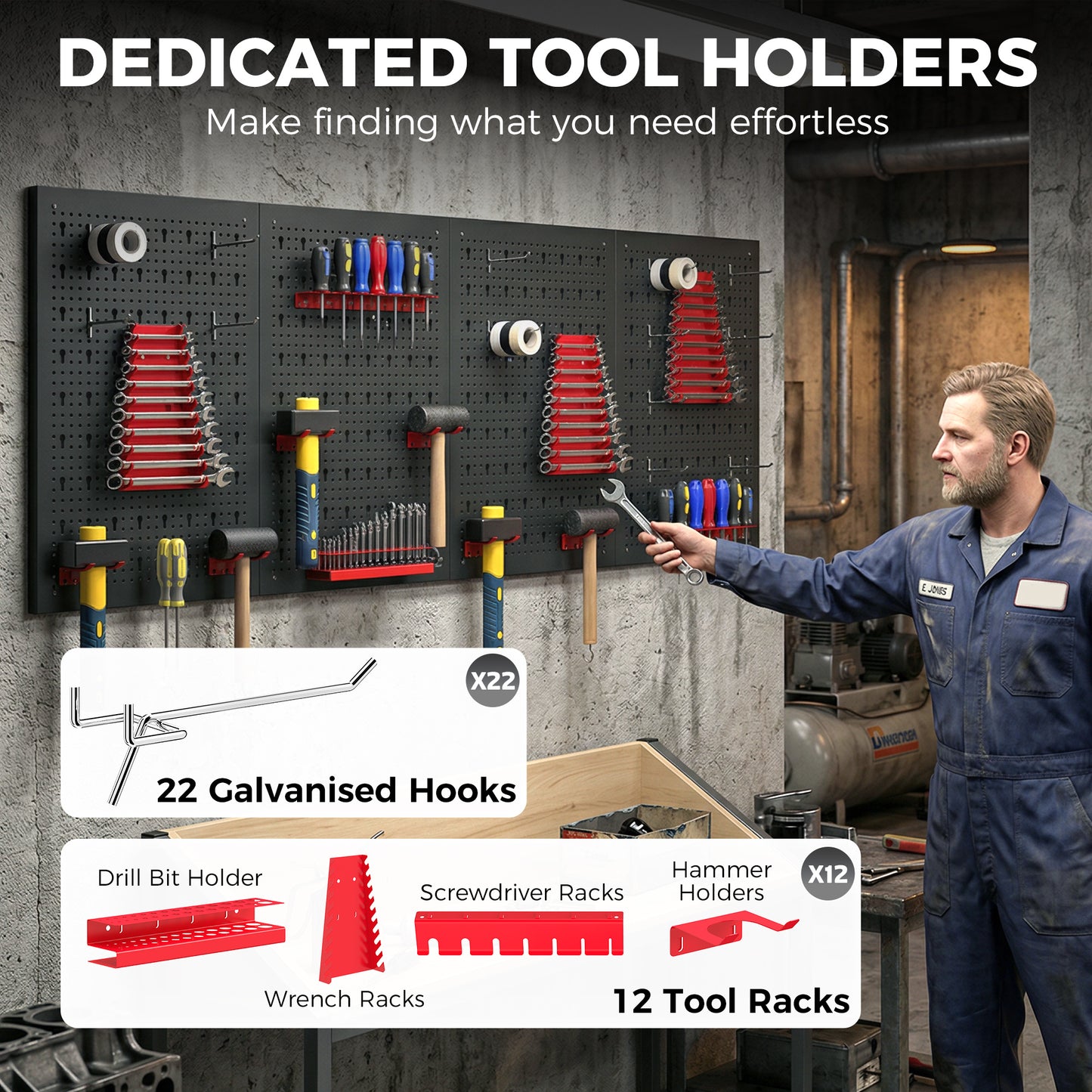 38 Pcs Wall-Mounted Pegboard with 4 Boards, Garage Tool Storage Unit Black and Red