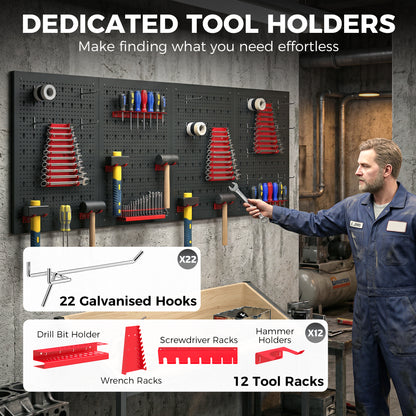 38 Pcs Wall-Mounted Pegboard with 4 Boards, Garage Tool Storage Unit Black and Red