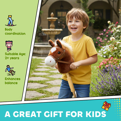 Stick Horse with Wood Wheels, Real Pony Neighing and Galloping Sounds, Grip Handle, 95 cm, Brown