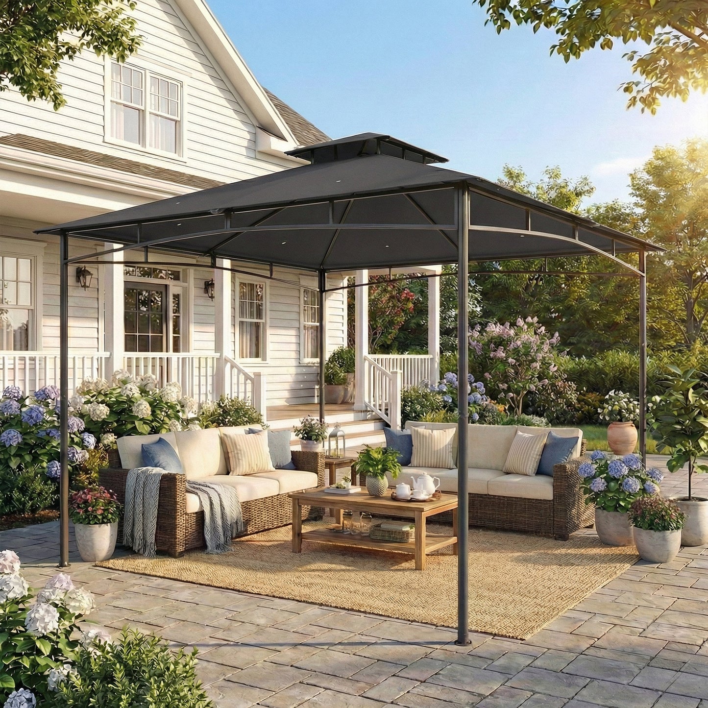 3 x 3 m Gazebo, Garden Gazebo with 2-Tier Roof, Metal Frame, Dark Grey