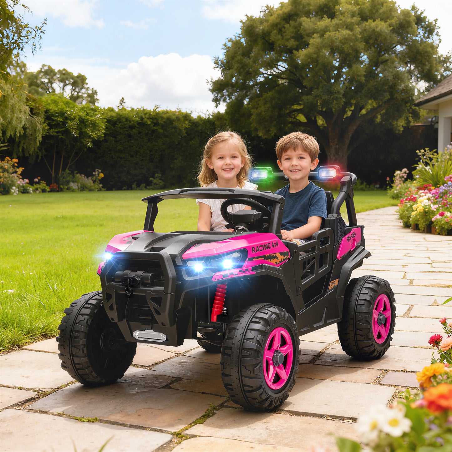 24V Electric Ride on Car, 2-Seater Electric Car for Kids with Remote, Bluetooth, Soft Start, Suspension Spring, Pink