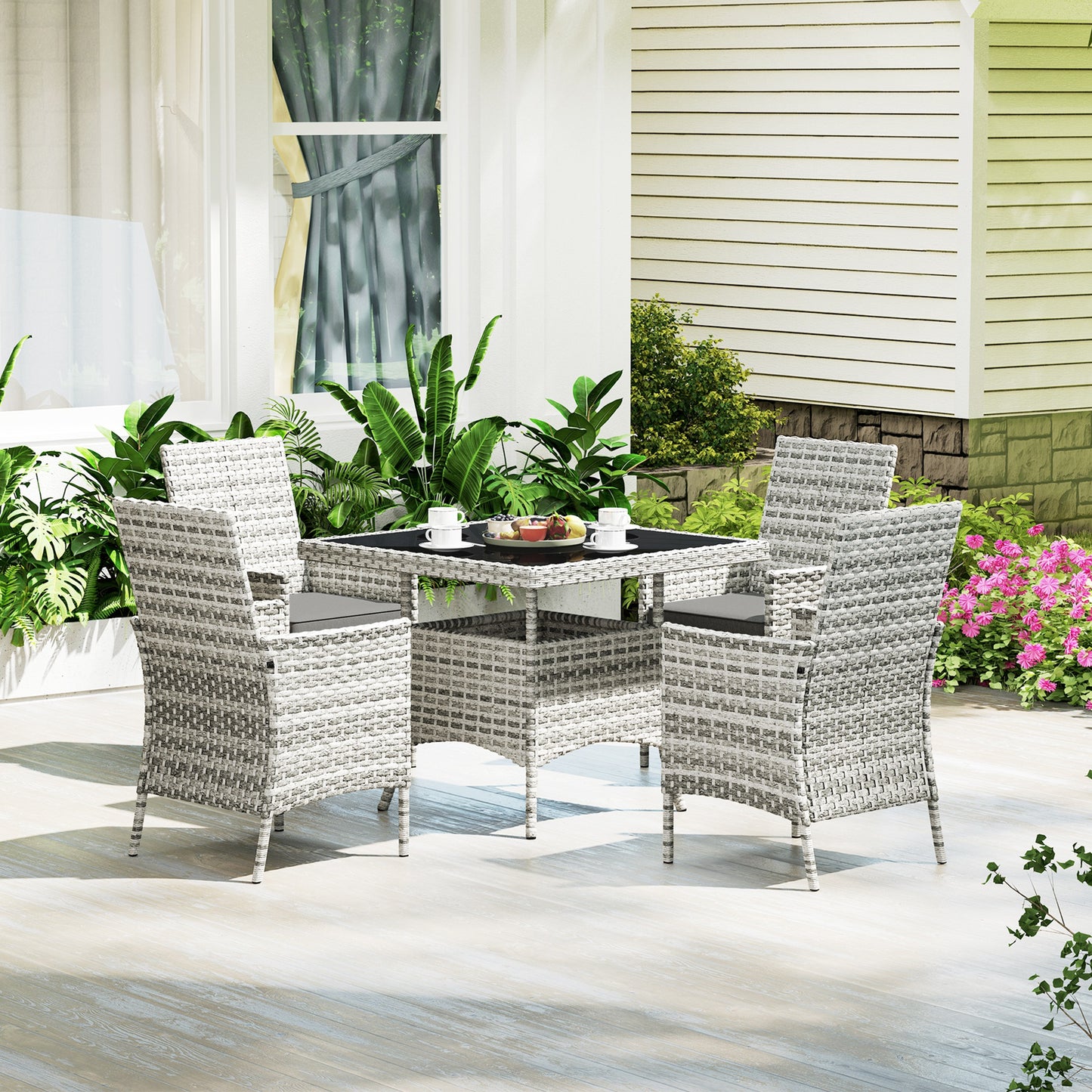 Rattan Garden Furniture Set, Outdoor Dining Table and Chairs 4 Seater with Cushions, Square Tempered Glass Top, 4 Armchairs
