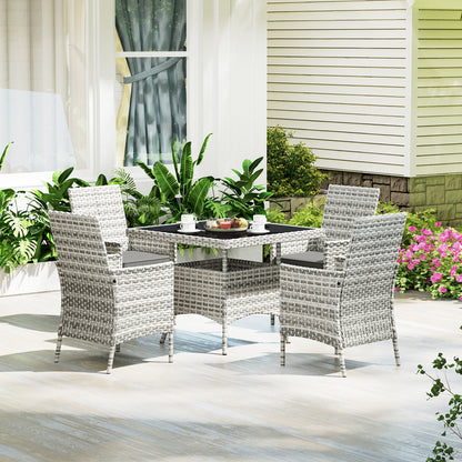 Rattan Garden Furniture Set, Outdoor Dining Table and Chairs 4 Seater with Cushions, Square Tempered Glass Top, 4 Armchairs