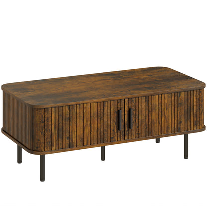 Coffee Table with Storage, Living Room Table with Slatted Tambour Sliding Doors and Adjustable Foot Pads