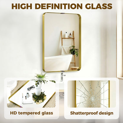 Rectangular Wall Mirror, 90 x 60 cm Wall Mounted Bathroom Mirror w/ Aluminium Alloy Frame and Tempered Glass, Gold Tone