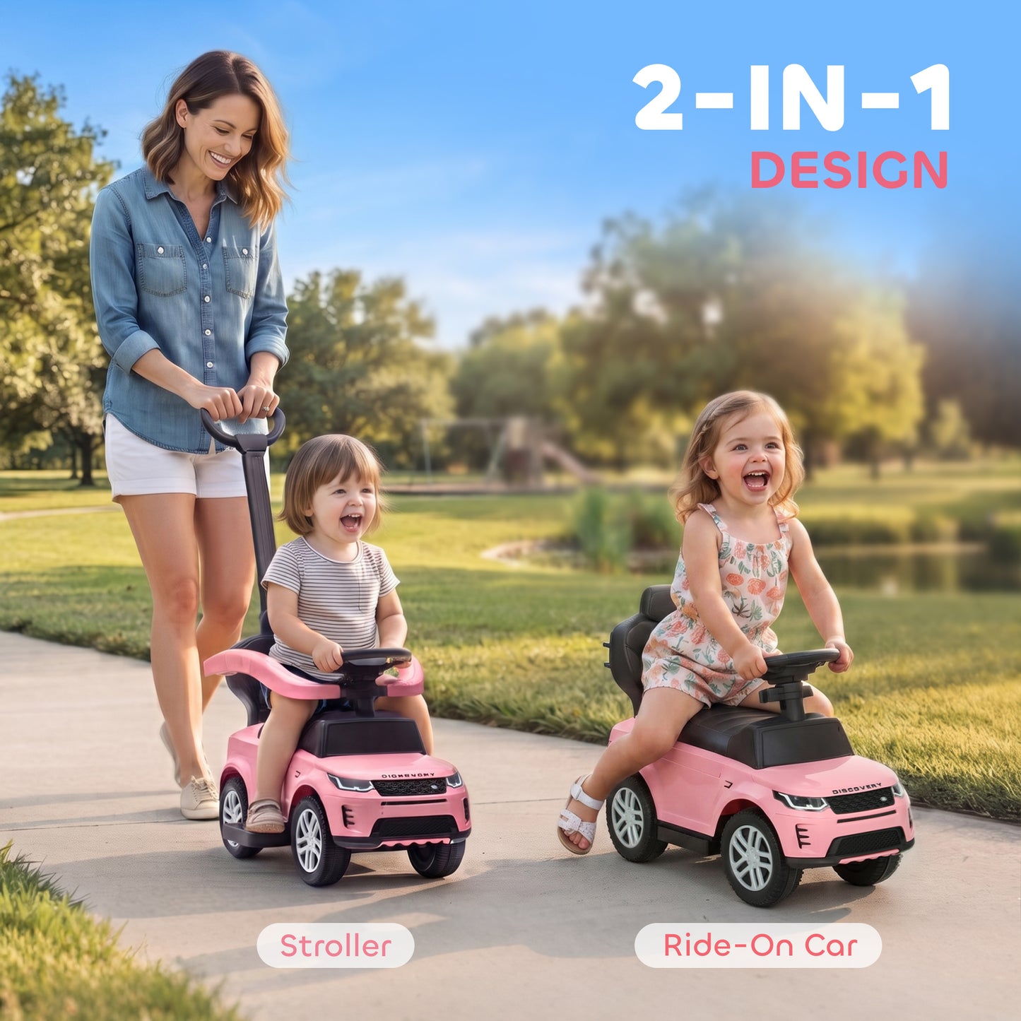 Land Rover Discovery Licensed Baby Push Car, 2-in-1 Ride on Car with Push Handle and Safety Guardrail, Pink