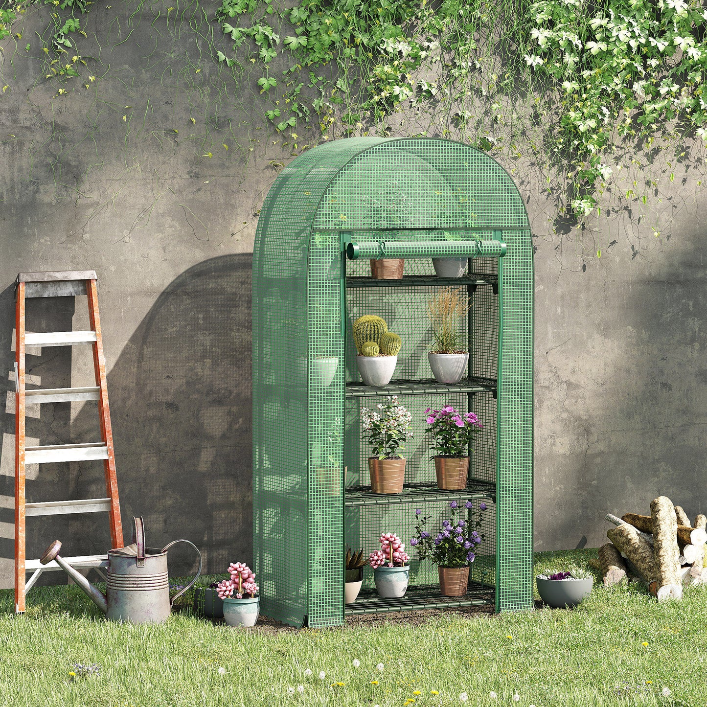 4 Tier Mini Greenhouse for Outdoor, Portable Gardening Plant Green House with Storage Shelf, Roll-Up Zipped Door